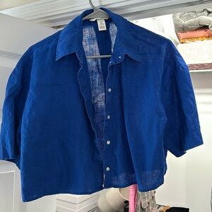 Blue crop linen shirt